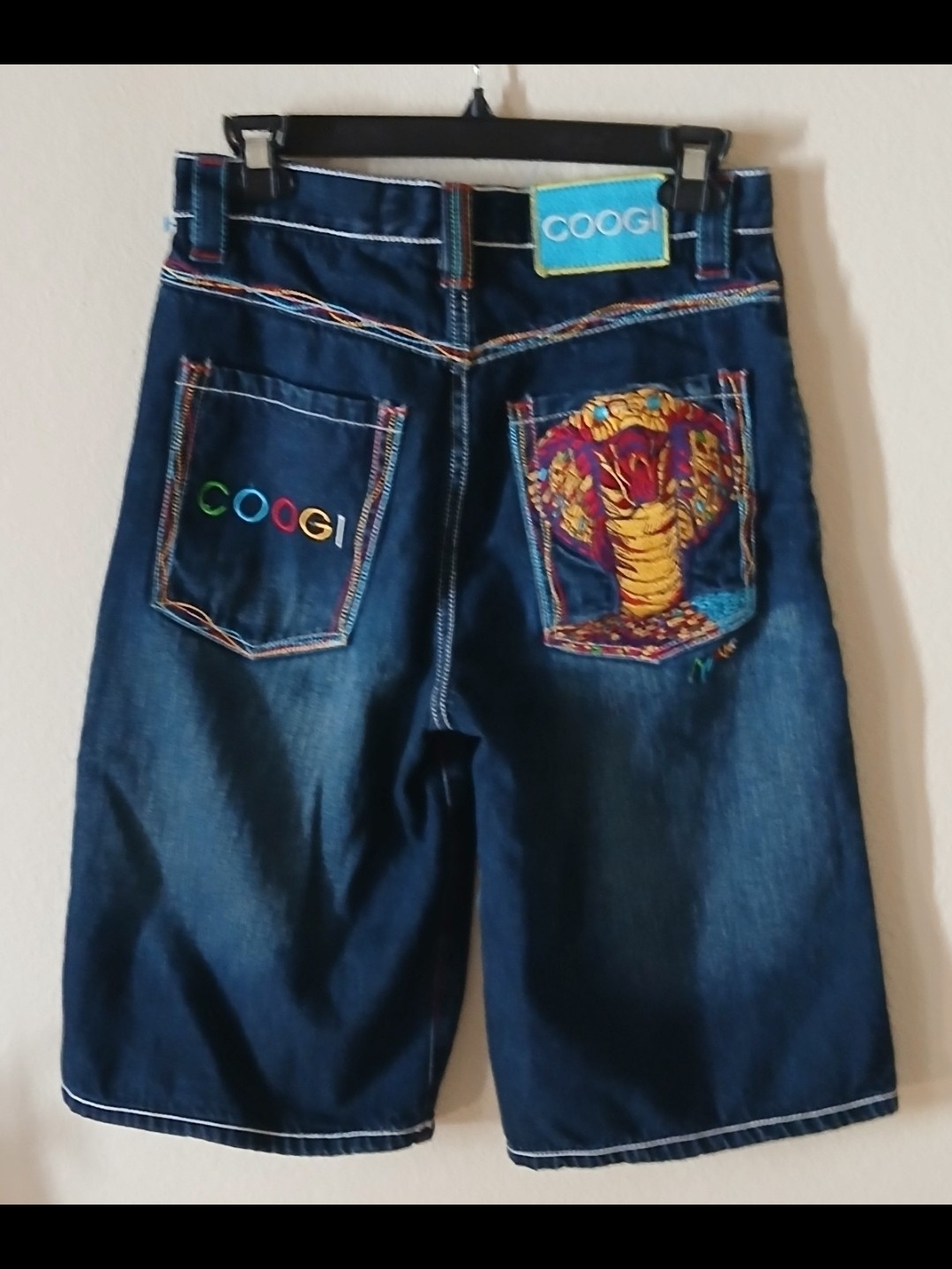 Coogi Men's Dark Blue Embroidered Denim Shorts - Cobra Pocket